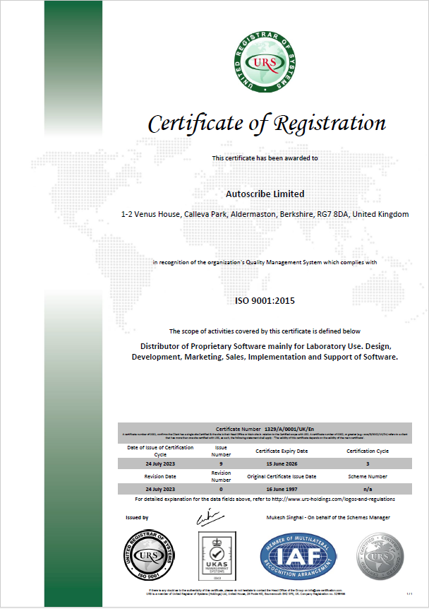ISO9001 Autoscribe Certificate