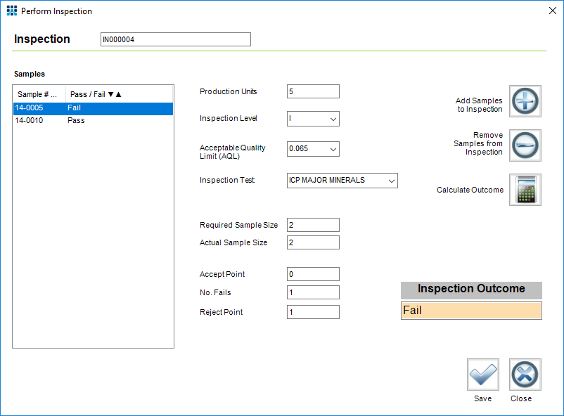 LIMS AQL Inspection Screen